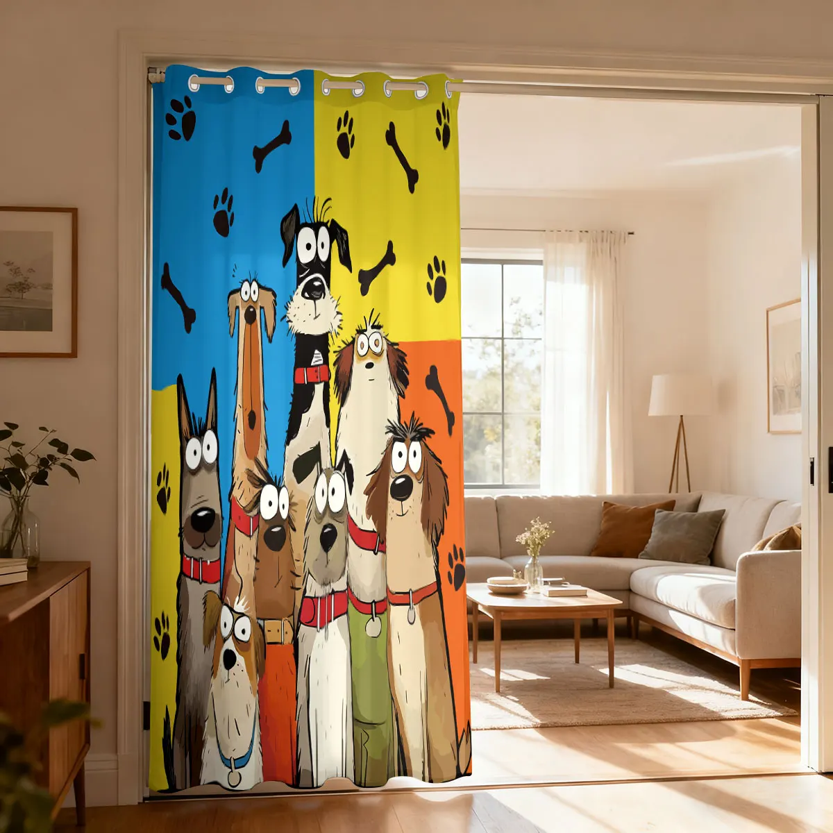 1pcs 90g brushed fabric curtain featuring cartoon dog group image paw print and bone patterns, suitable home decoration