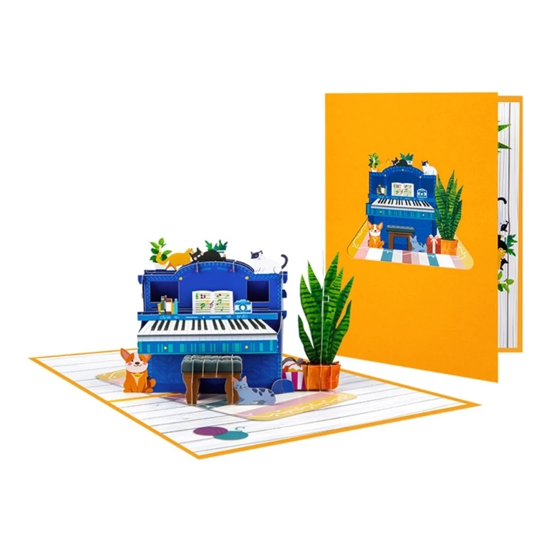 Artistic 3D Popup Blue Piano Card Delicate Handmade 3D Blue Piano Card Greeting Card for Home Office Decoration