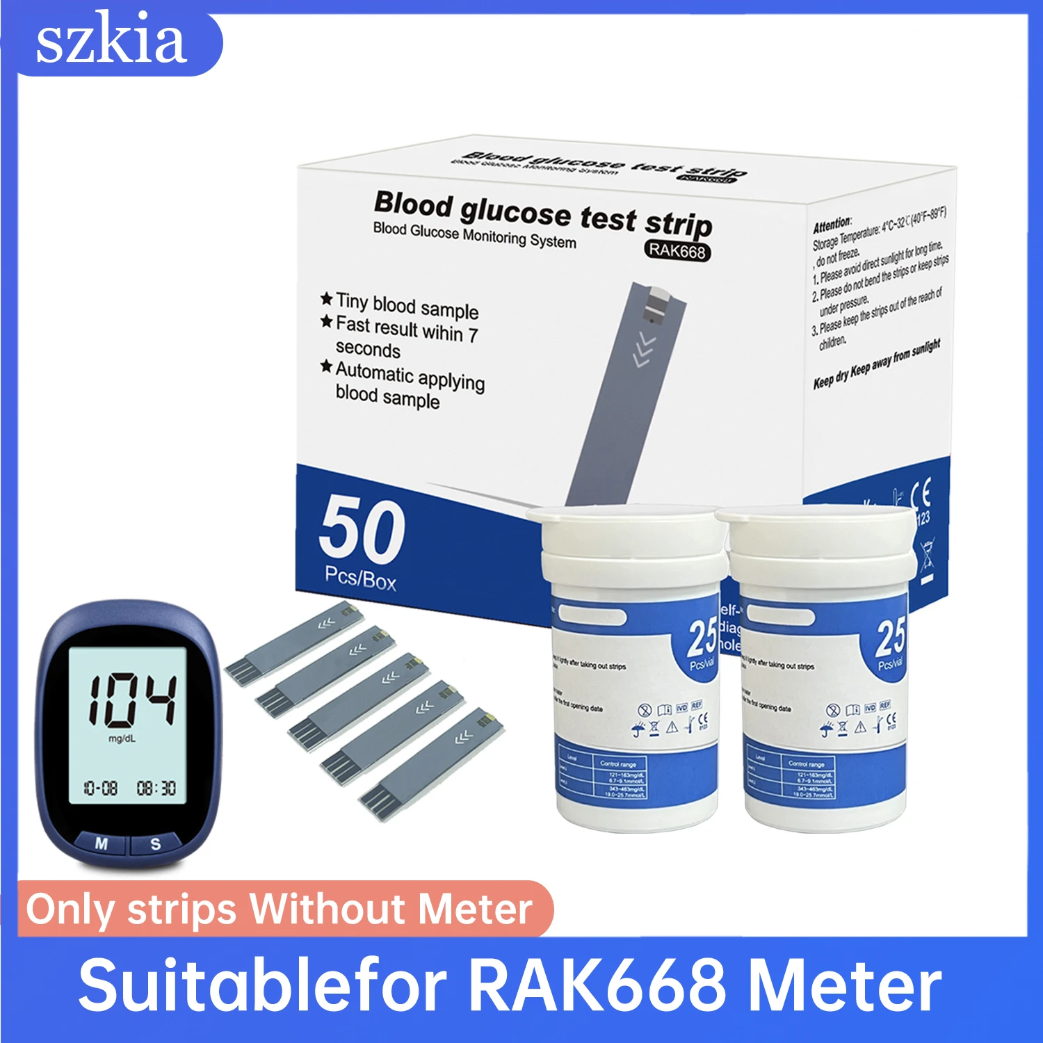 SzkiaRAK668 50/100/200 unidades kit de lancetas de tira de teste aplicável ao medidor de glicose no sangue RAK668 (sem medidor apenas tiras)