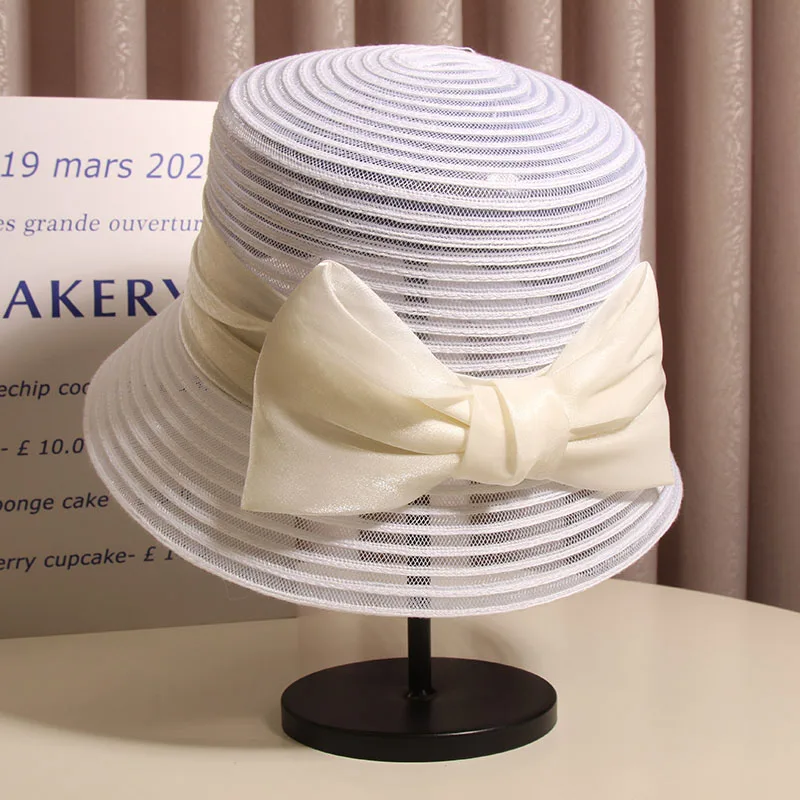 French Hepburn Style Mesh Flat Top Basin Hat For Women Summer Travel Sun Protection Elegancebows Organza Sunshade Fisherman Hat