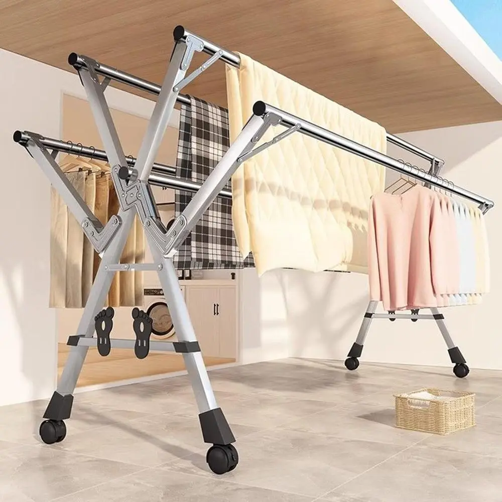 

Portable Stainless Steel Clothes Drying Rack with 5 Rods and Wheels for Outdoor/Indoor Use - 2.4M for Sheets, Clothes, Socks, Sh