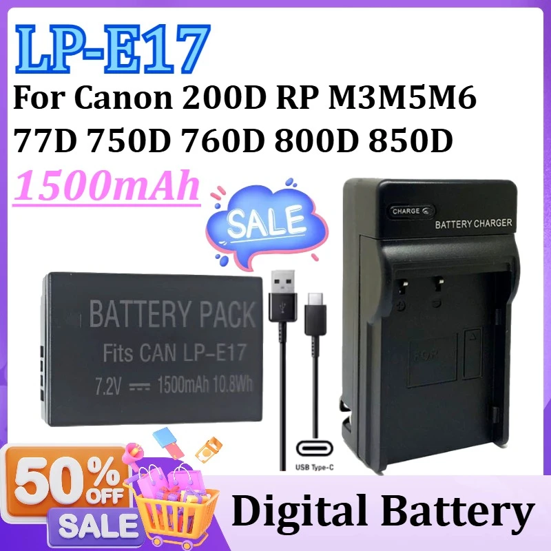1500mAh LP-E17 LP E17 Battery + Type-C Charger for Canon 200D RP M3M5M6 77D 750D 760D 800D 850D Digital Batteries Replacement