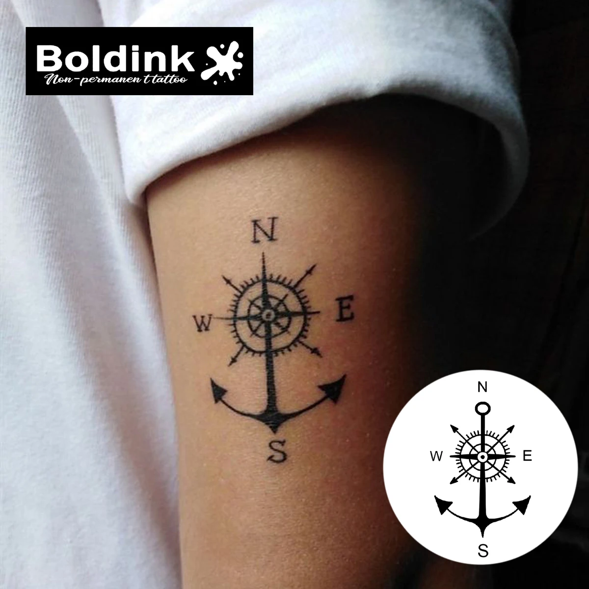 Boldink Plant-based Nautical Compass Rose Anchor Tattoo for Direction Guidance, Voyage Symbolism & Minimalist 4-Point Navigation