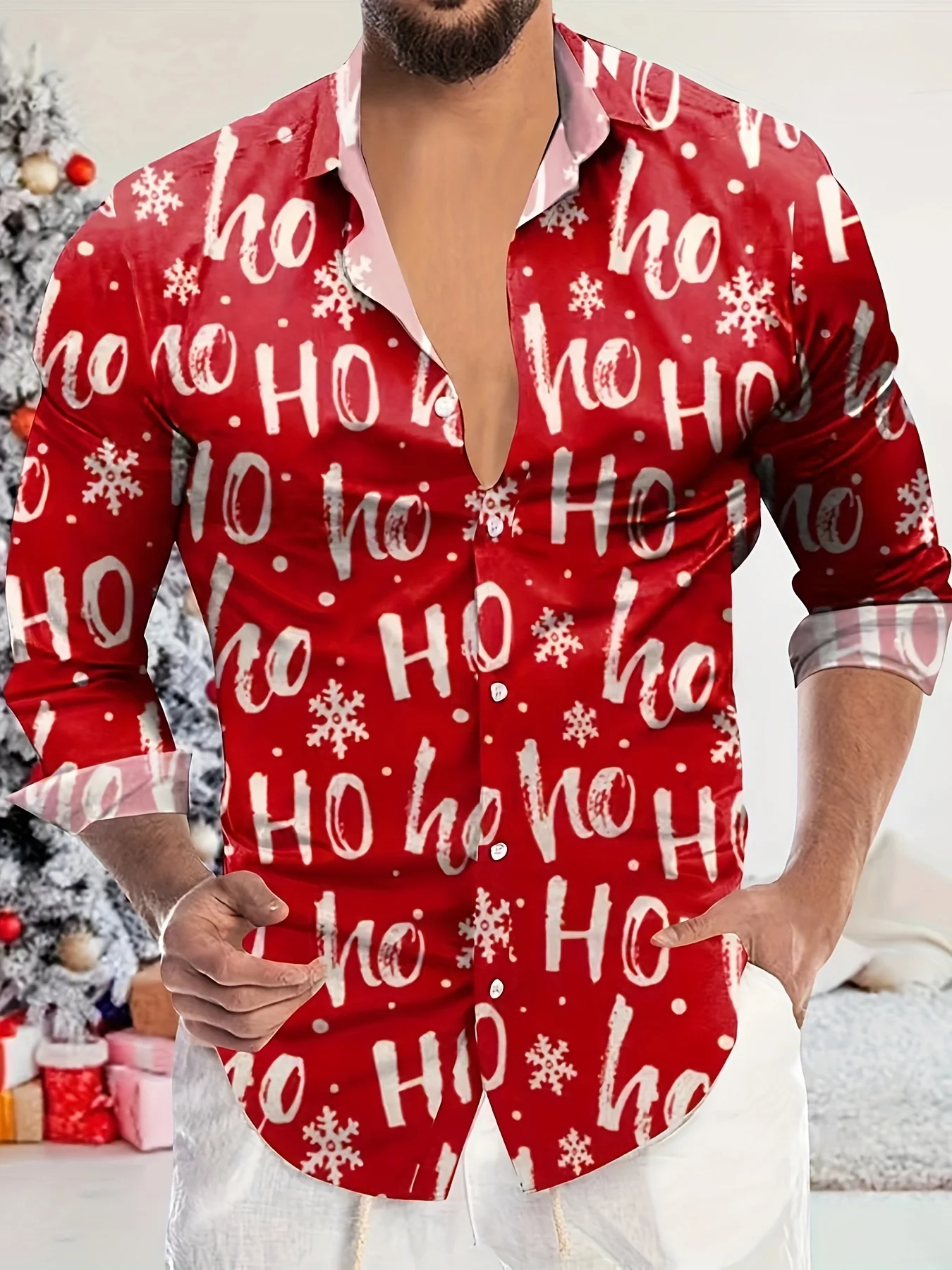 

Christmas Theme Fashion Men's Casual Long Sleeve Shirt Breathable Tops Santa Claus Themed Stylish Pattern Full Sleeve Shirt