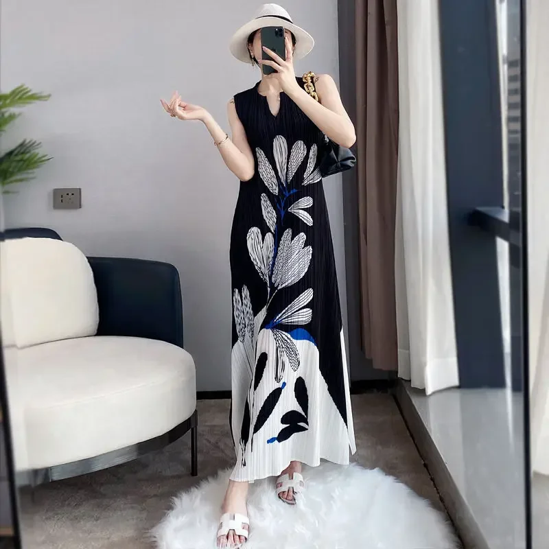 فساتين طويلة بدون أكمام مطبوعة بالحبر مطوي فستان طويل لصيف 2025 فستان نحيف جديد فستان طويل من فيستدوس دي فييستا