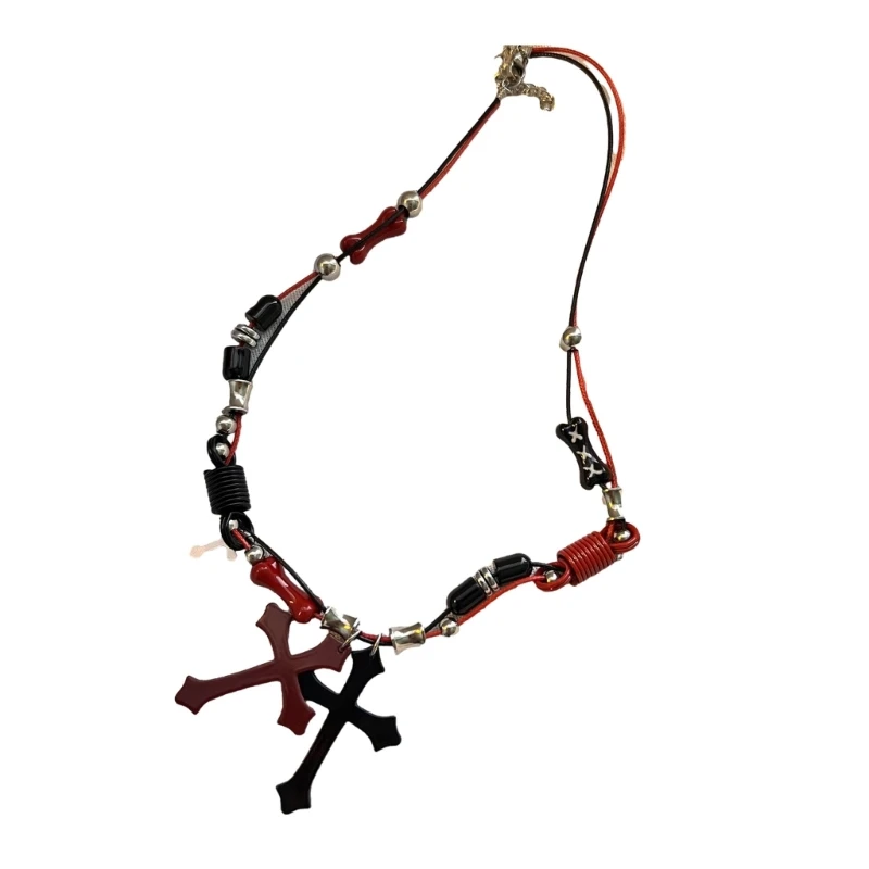 Black Red Crossed Necklace Handmade Subculture Bead Necklace Clavicle Necklace