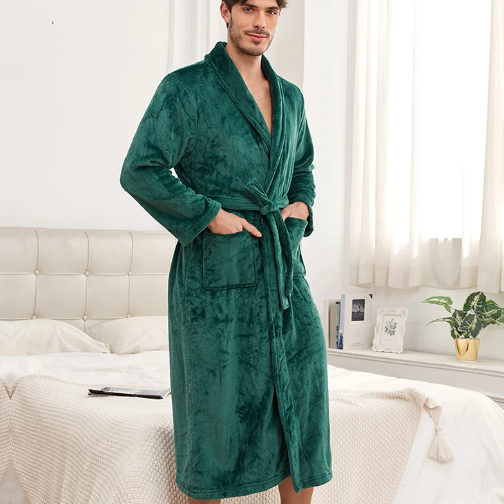 Winter Homewear Bathrobe Gown Shower Solid Color Sleepwear with Pocket Men's Robe Flannel Kimono Nightwear Loose Loungewear