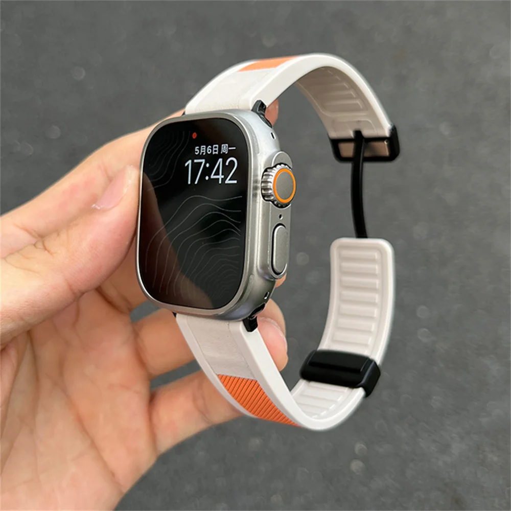 Luxury Breathable Leather Metal Band For Apple Watch 44mm 40 45 41 49 42 38 Magnetic Buckle For Ultra Series 9 8 SE 7 6 5 4 3