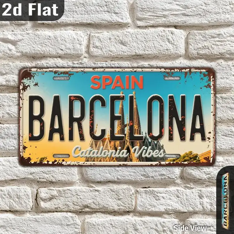 2D Flat Design, Vintage Metal License Plate, Aluminum Decorative Sign (30.48 cm X 15.24 cm), Barcelona City Decor Sign from Spai