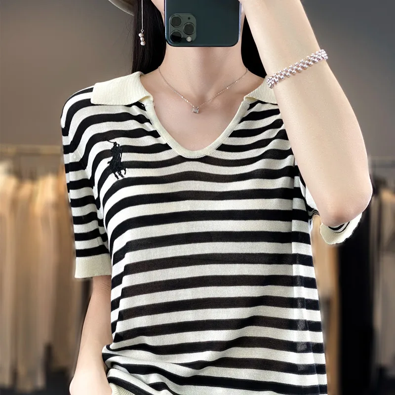 New Embroidery Loose Short Sleeve Striped T-shirt Summer Women\'s Fashion Short Sleeve Top