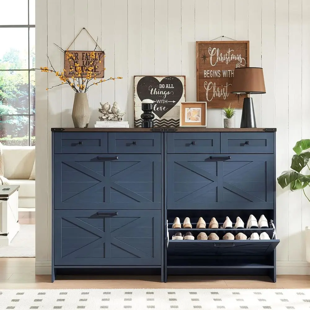 

Темно-синяя отдельно стоящая полка для обуви из 2 штук с откидными ящиками и регулируемыми полками для прихожей