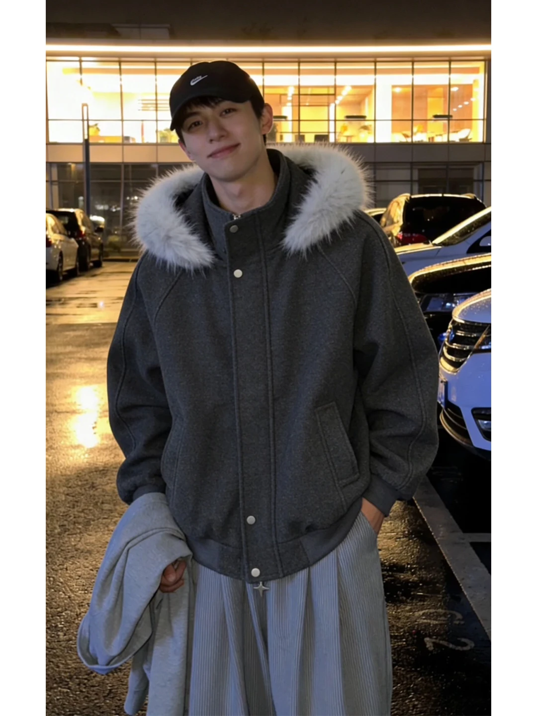 Deep Grey Men's Parka Cotton Jacket Winter Thickened Hooded Short Workwear Woolen Coat Warm Casual Long Sleeve Zipper Pure Color