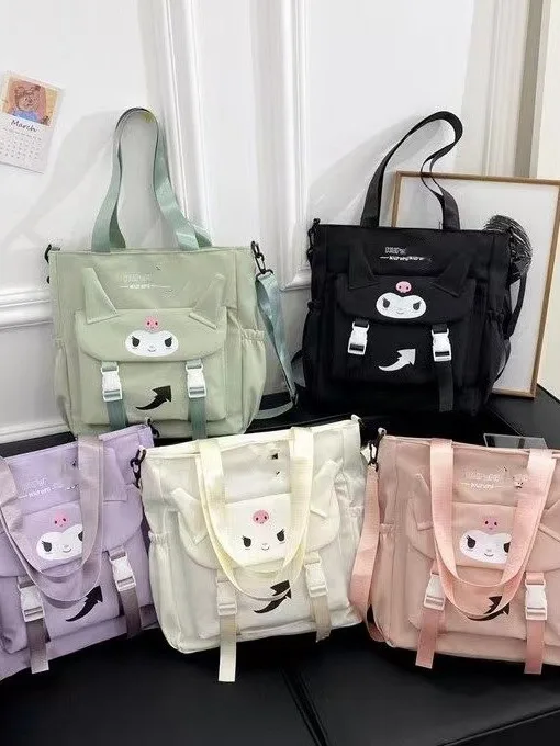 Sanrio-mochila de gran capacidad para estudiantes coreanos, bolsa de maquillaje bonita Kuromi, bolsa de libros portátil de dibujos animados Cinnamoroll, bolso de hombro