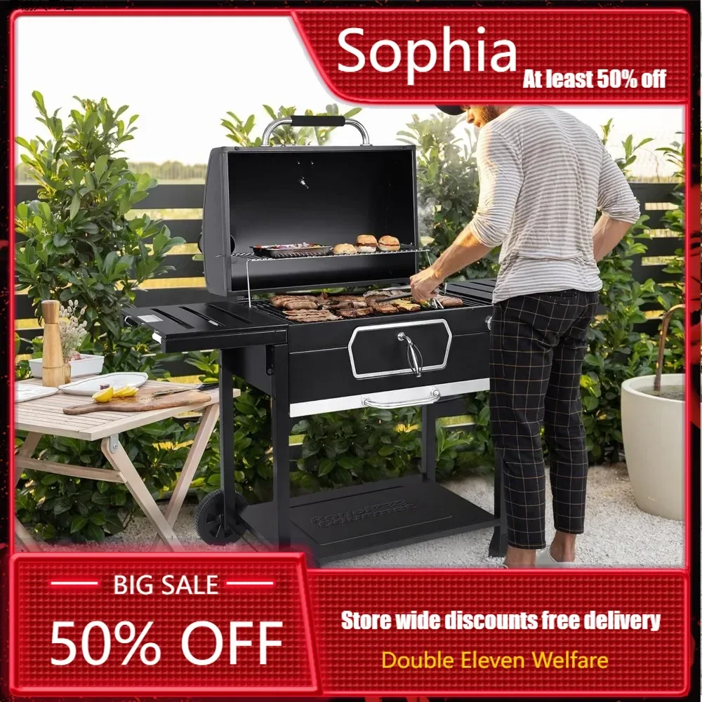 30 Inch Charcoal Grill, Deluxe BBQ Smoker Picnic Picnic Camping Patio Backyard Cooking, Black, Large