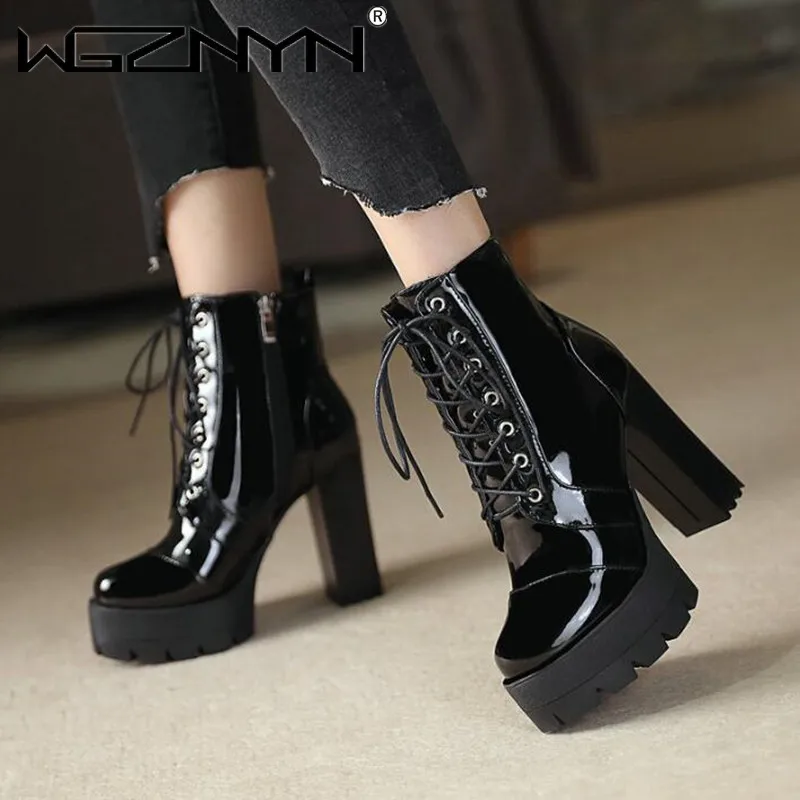 2026 grosso de salto alto feminino botas de tornozelo de couro de patente dedo do pé redondo rendas-up zíper bota curta feminina gótico sapato botas mujer