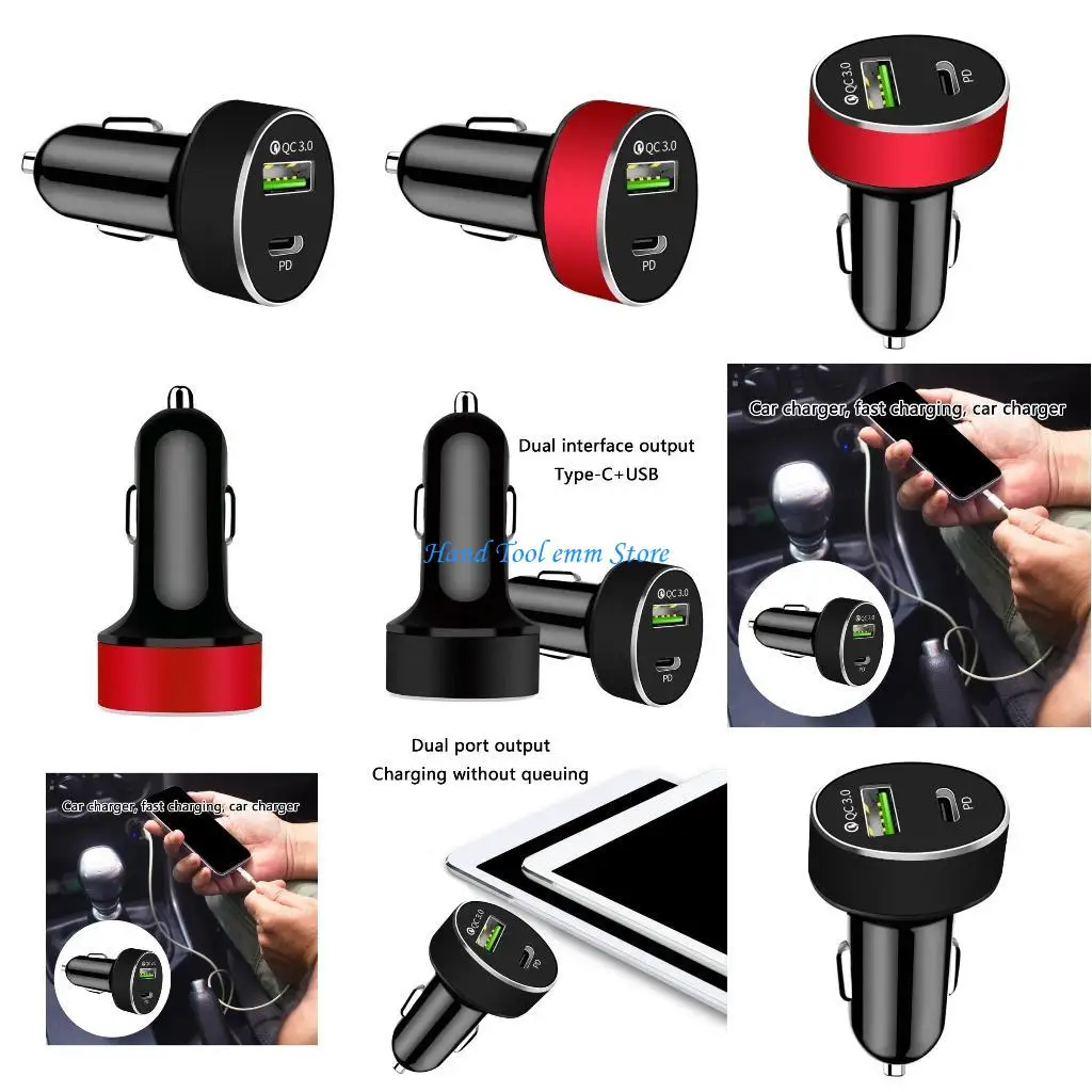 

H37F 2 in 1 USB C+USB Car Fast Charging PD3.0 QC3.0 Quick Charging Car Adapter For Phone Laptop