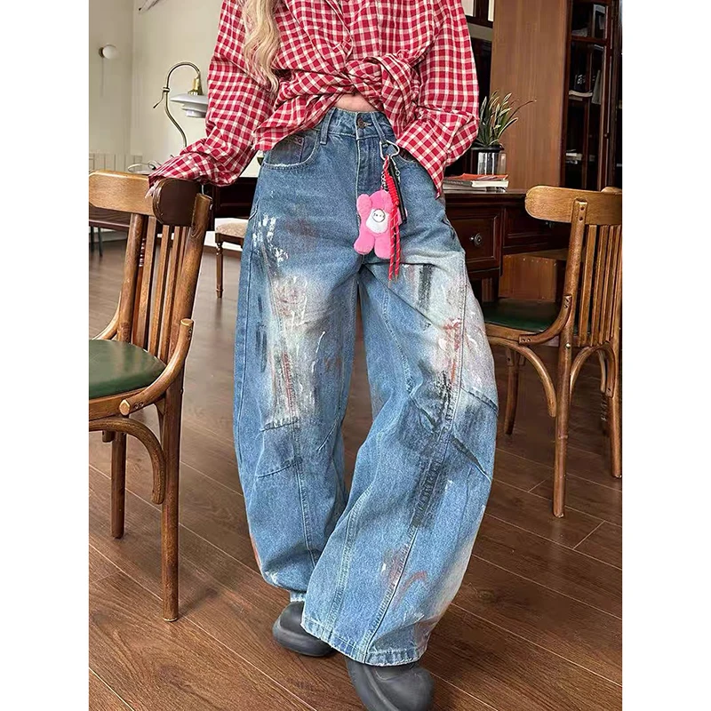ZHIZOU Damen Blau Baggy Y2k Cargo Jeans Ästhetischer 2000er Jahre Stil Oversize Hose Vintage Harajuku Boyfriend Denim Hose Herbst