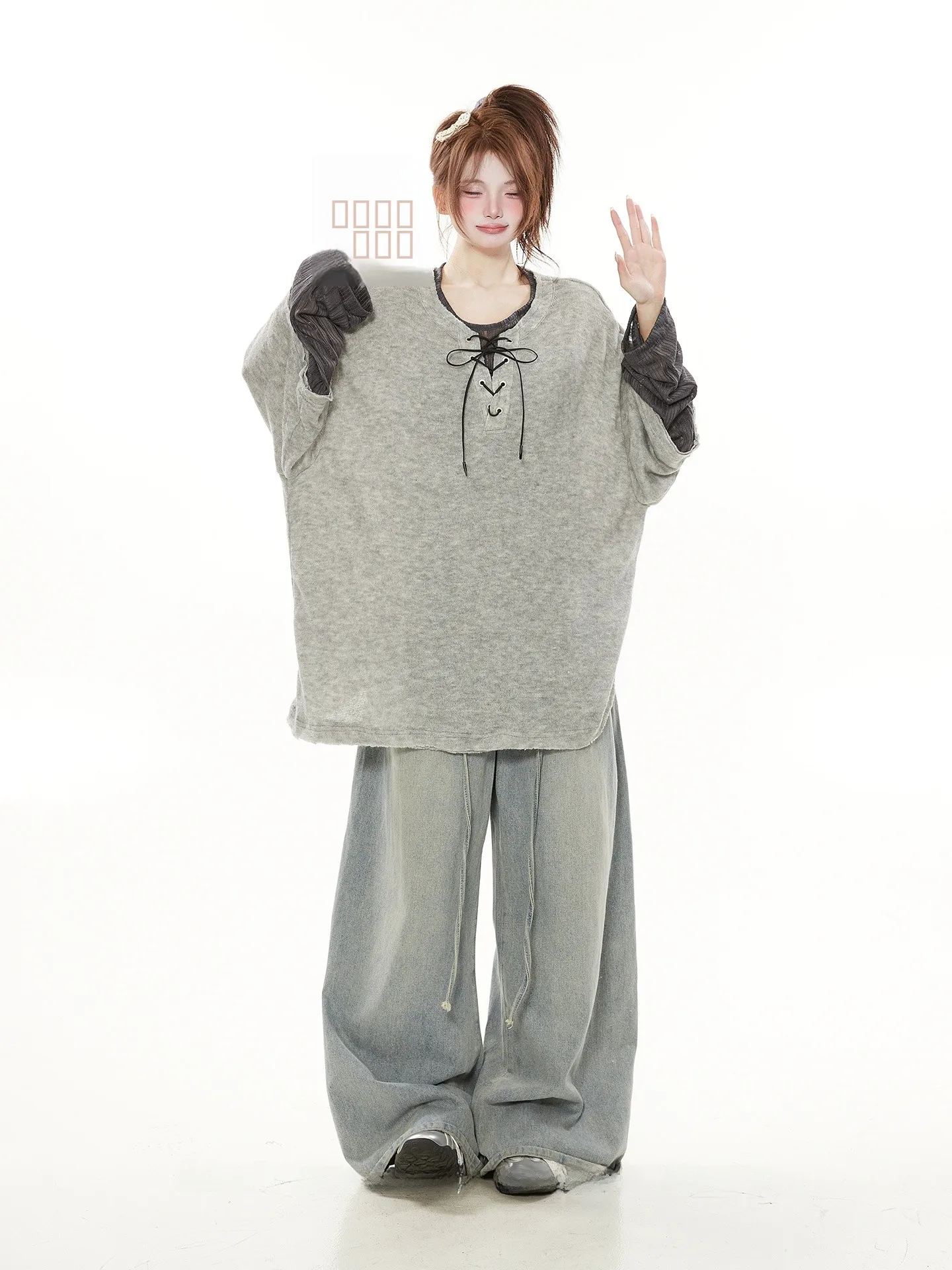 

Американский повседневный дизайн, свободная женская футболка с длинным рукавом, имитация двухслойности, тонкая, для весны и лета, в стиле Lazy Sle Top