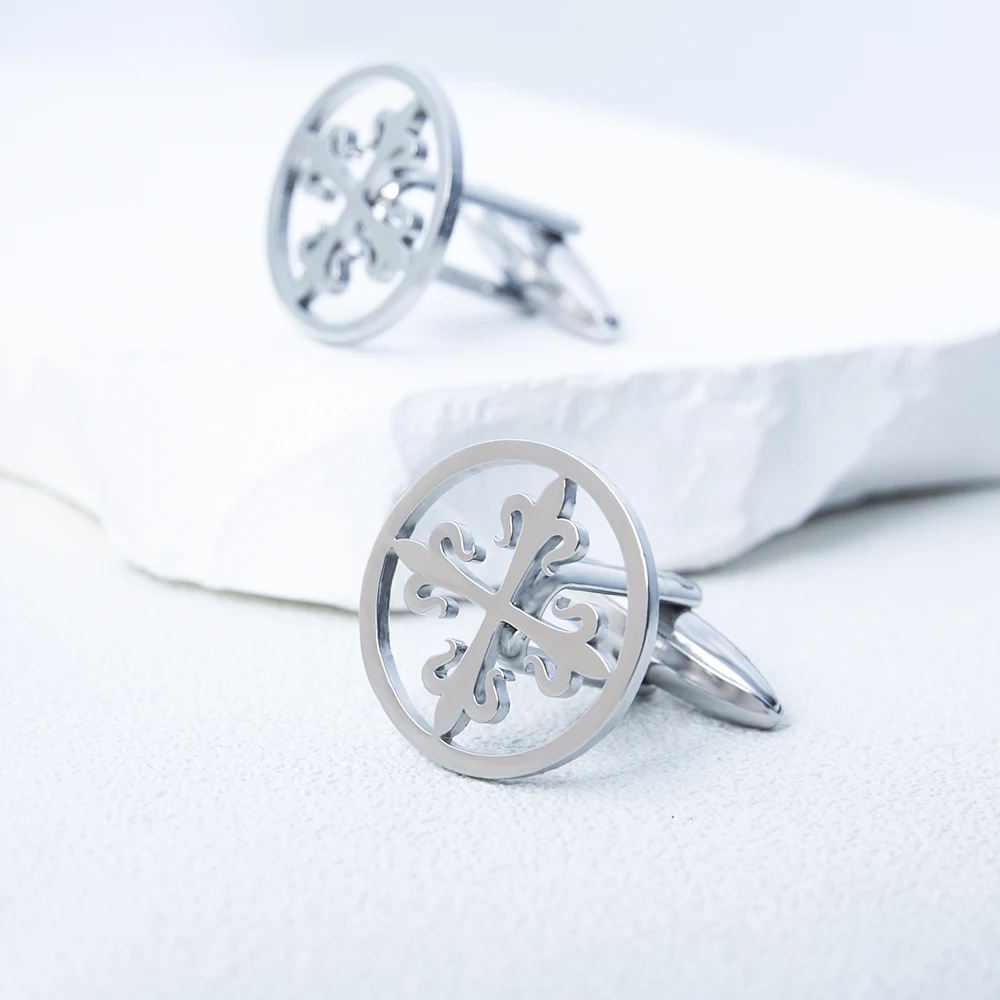 Vintage Cross of Lilies Cufflinks Stainless Steel Medieval Heraldic Cross Men Cufflinks Trendy Wedding Jewelry for Groom