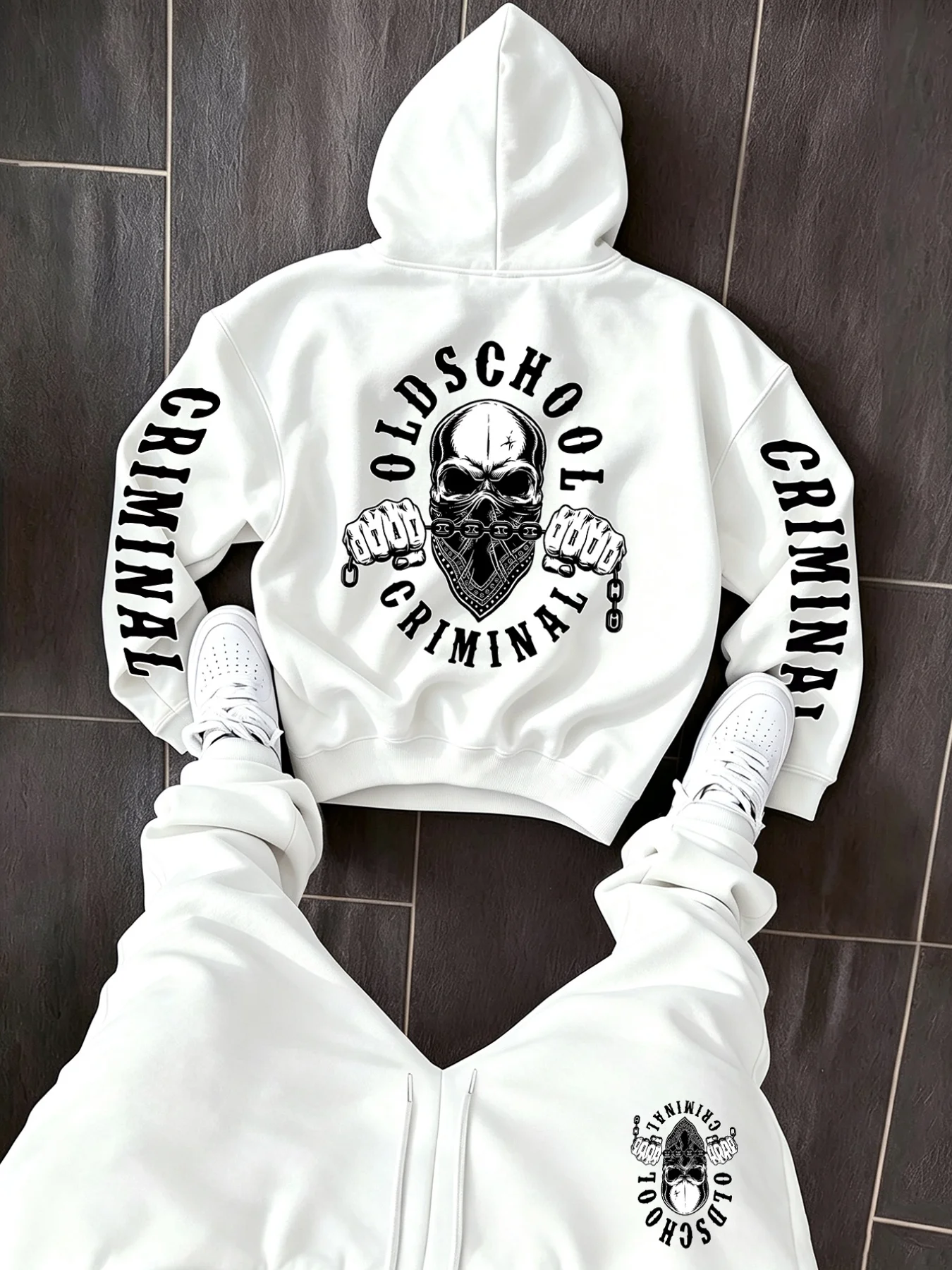 2026 Men 2 Piece Sports Tracksuit Vintage Skull Print Hoodie + Jogger Pants Casual Loose Autumn Winter Streetwear Outfit