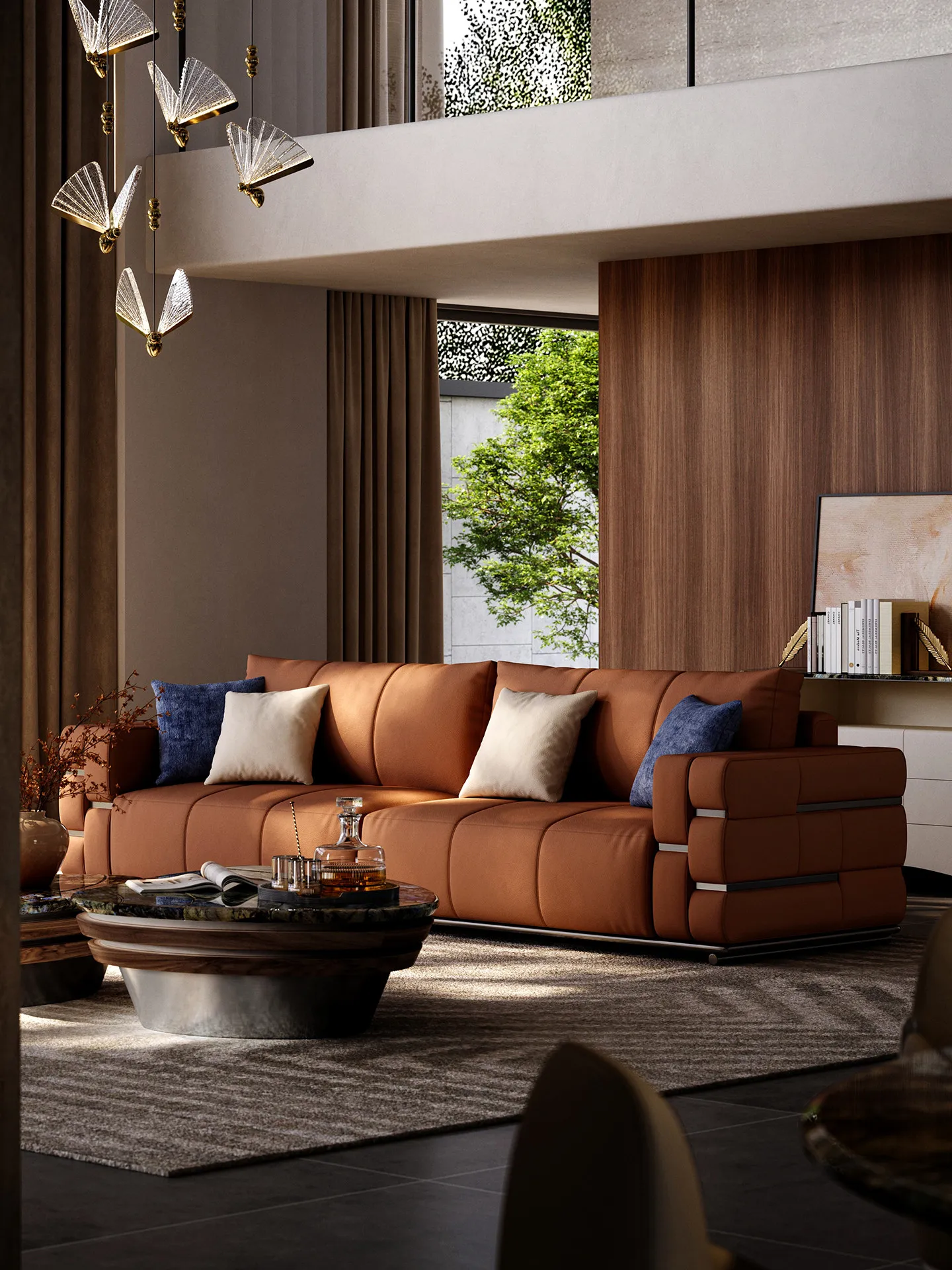Leather Sofa for Four, High Backrest Designer Living Room, Large Flat Top Layer Cowhide Leather Art Sofa