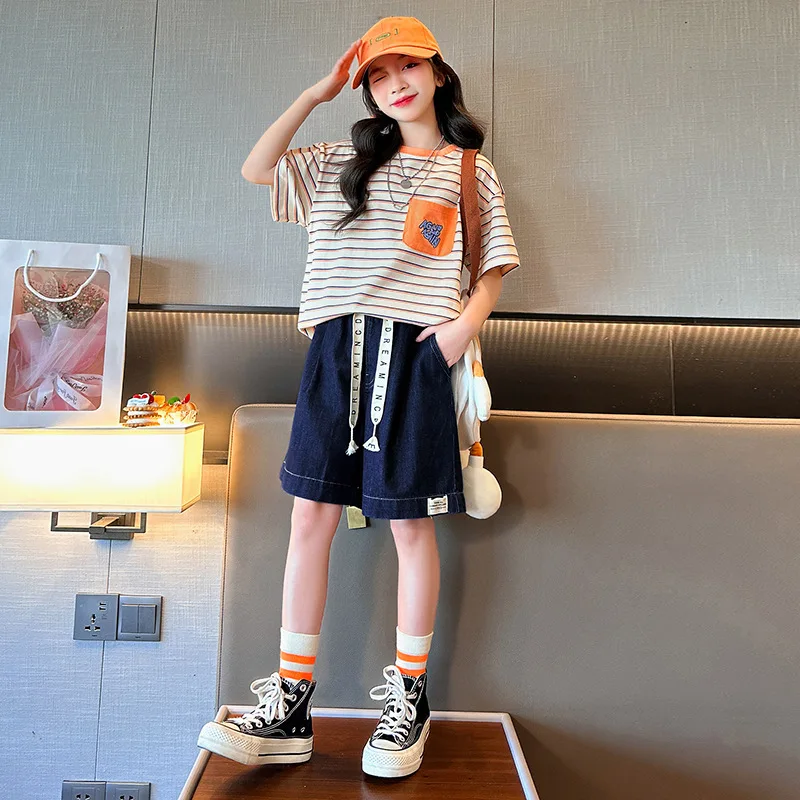 2024 Korean Summer Junior Girl Tracksuit Elementary Girl Striped Short Sleeve T-shirt+Denim Straight Shorts Set For Girl 4-12Yrs