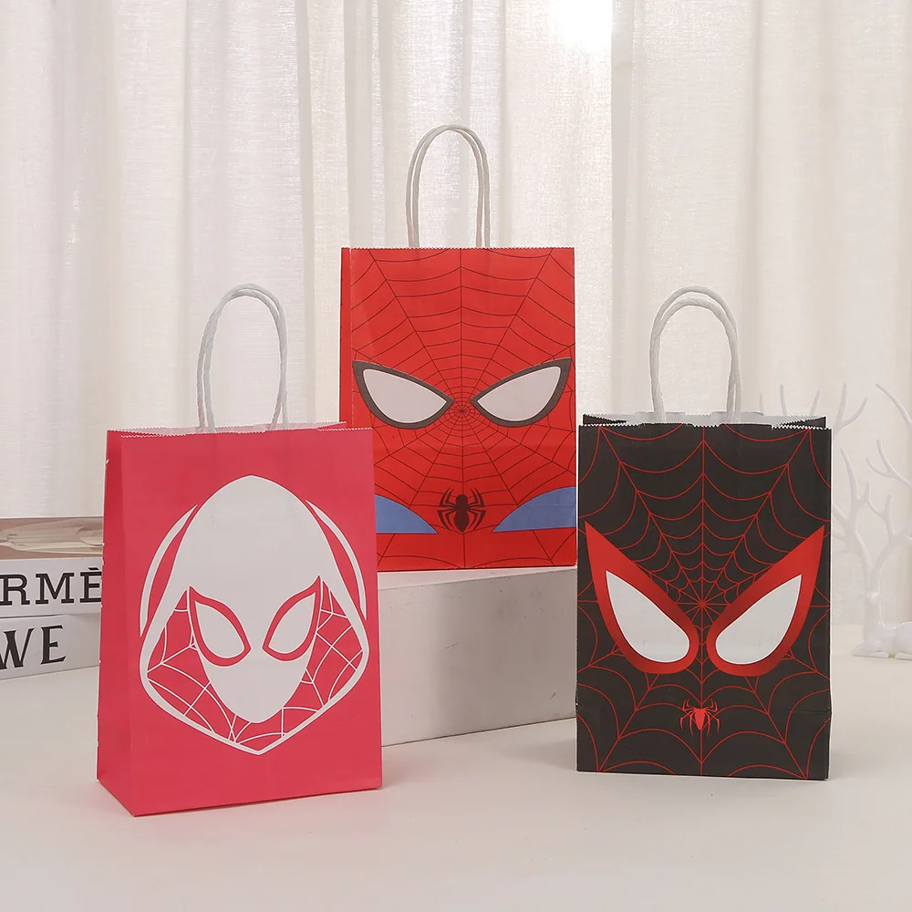 12pcs Disney Large Kraft Paper Bag With Handles For Guest Gift Food Package Spiderman Gift Bag For Kids Birthday Party Candy Box