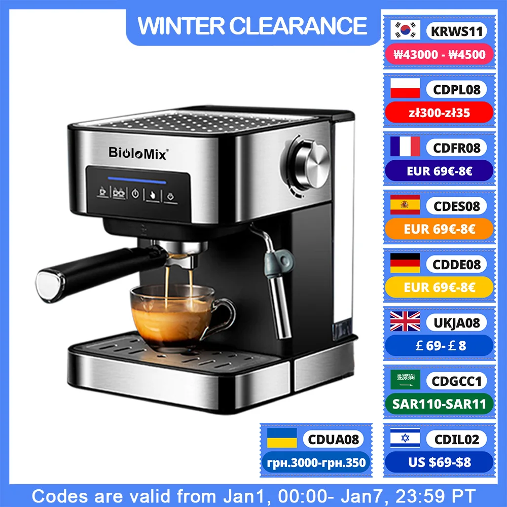 Biolomix 20 Bar Italian Type Espresso Coffee Maker Machine with Milk Frother Wand for Espresso, Cappuccino, Latte and Mocha