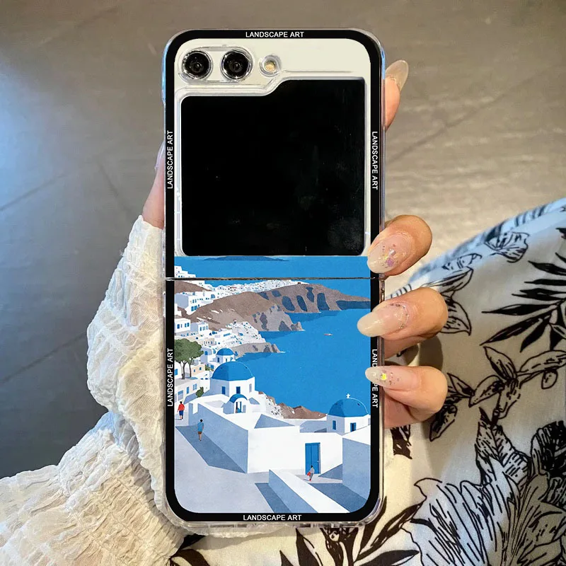 Santorini Church Landscape Hand Painted Phone Case For Samsung Galaxy Z Flip 6 5 4 3 Clear Hard Folding Cover For Zflip 3 Coque