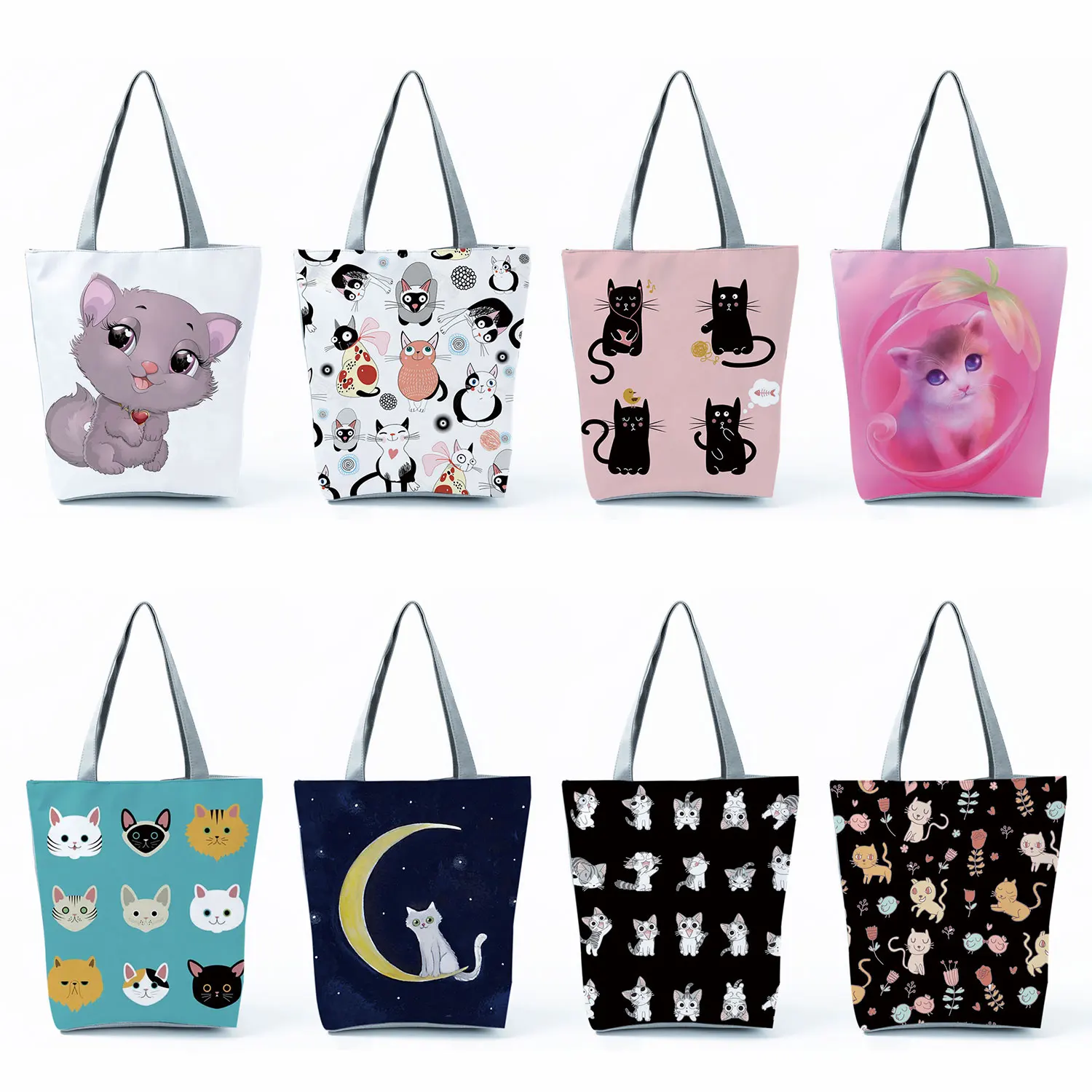 

Cute Cartoon Cat Print Handbags Fashion Shoulder Bags Pretty Black Women Tote Bags High Capacity Shopping Bag Portable Female