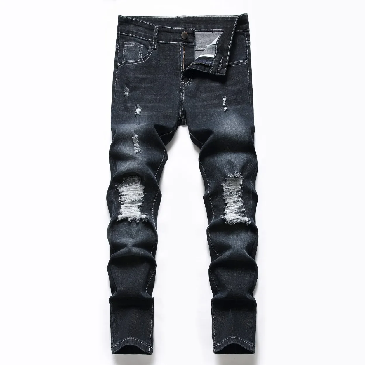 

denim pants Boy Children Jeans Straight Pants Hole Ripped Trousers Mid Waist Stretch Washed Distressed Big Kids Streetwear 2025