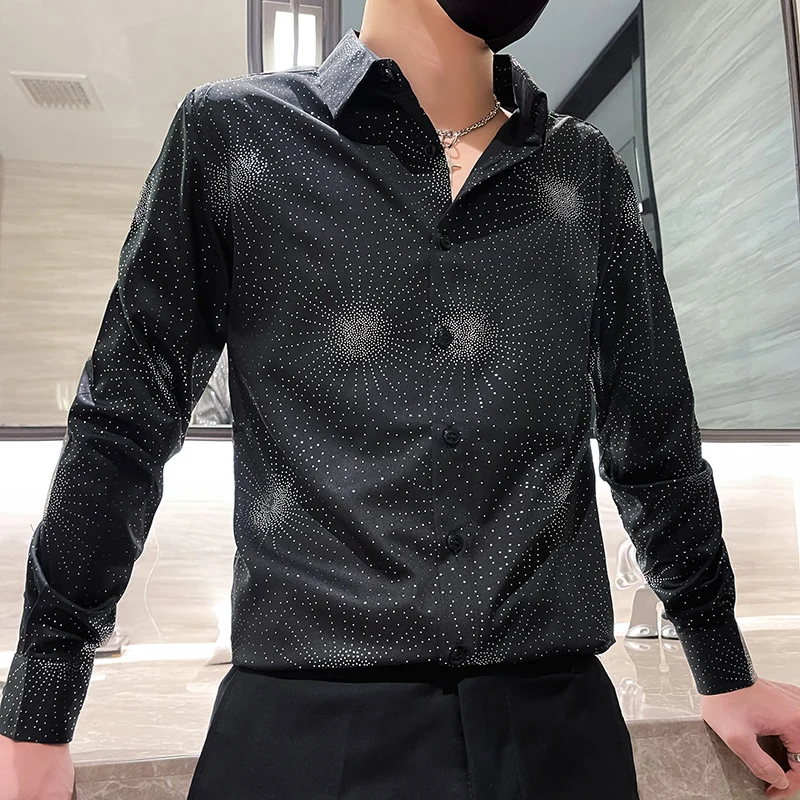 

Silver Hot Stamping Polka Dot Shirts for Men Spring Korean Luxury Long Sleeved Men's Shirt Autumn Elegant Boutique Male Clothing