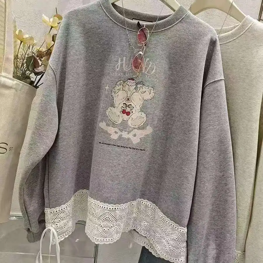 

2026 New Style Lace Trim Sweet Patchwork Casual Round-Neck Cartoon Print Hooded Sweatshirt for Girls and Teenagers