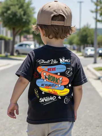 Young Boys Casual Chic Skateboard Graphic Print Round Neck Kids Boy Girl Short Sleeve T-Shirt Stylish & Suitable For Summer