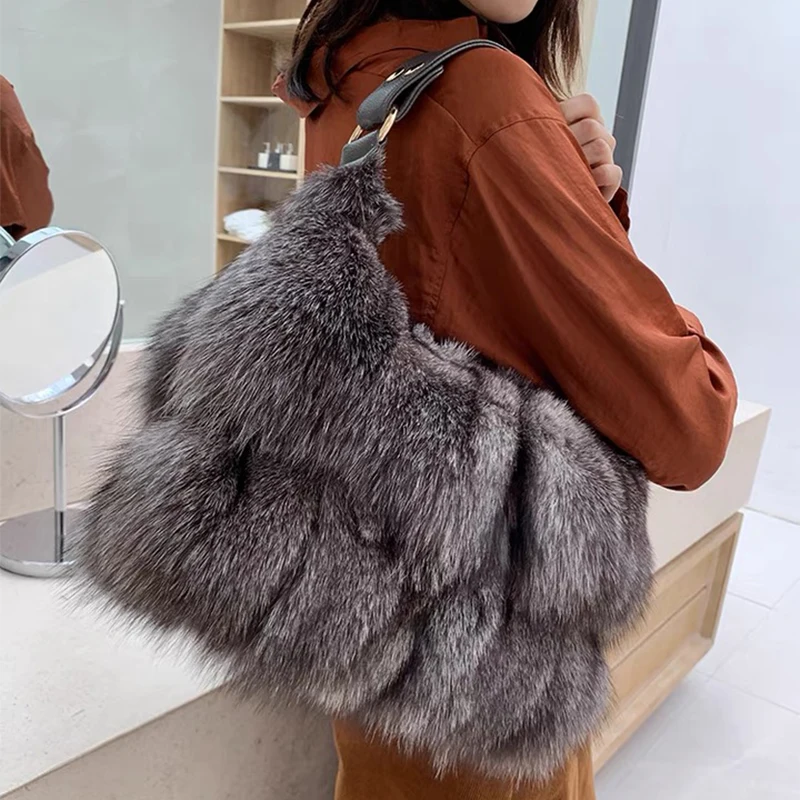 Moda feminina natural real pele de raposa saco de pele real senhoras saco de pele completa