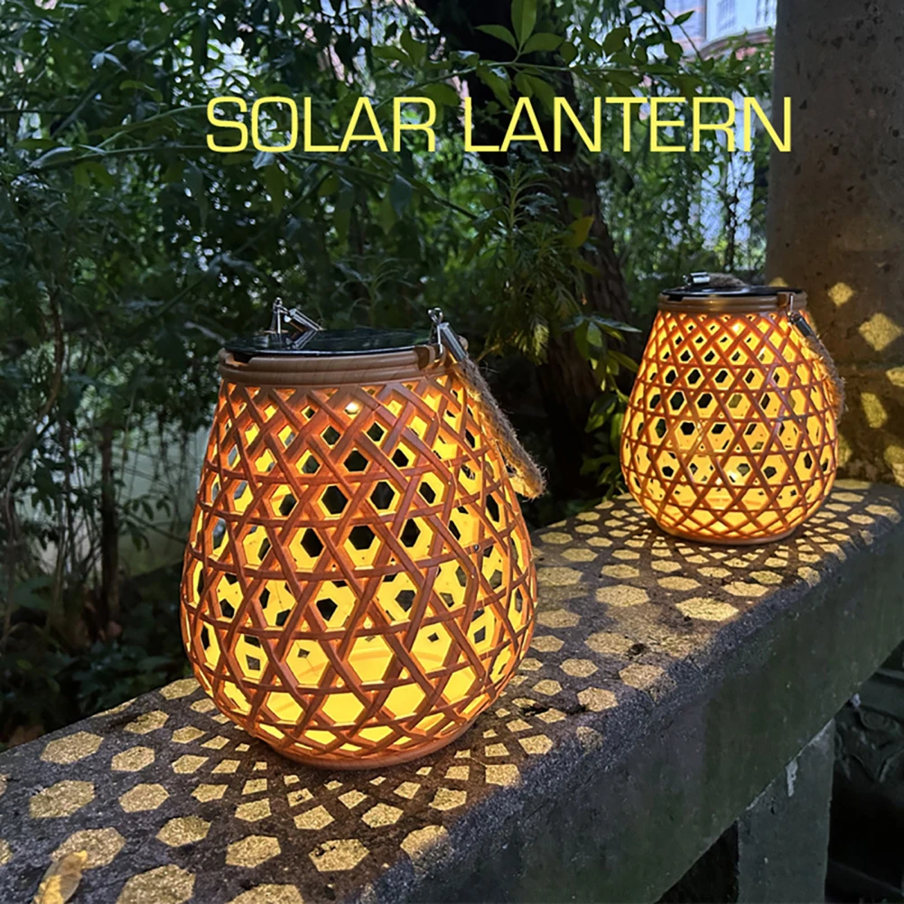 Imagem -04 - Lanterna Solar ao ar Livre Luzes à Prova Impermeável Água 3000k Alto Brilho Pendurado Imitação de Bambu Tecelagem Oco Candeeiro Mesa Decoração