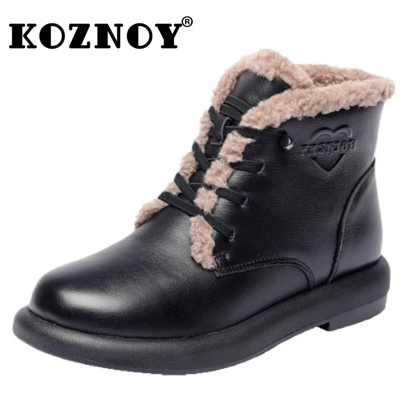 

Koznoy 3cm British Genuine Leather Moccasins Spring Autumn Lady Chimney Boots Vintage Women Loafer Flats Winter Plush Comfy Warm