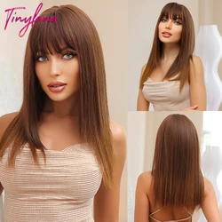 Medium Brown Copper Straight Synthetic Hair Wigs with Bangs Cosplay Daily Blunt Cut Layered Hair for Women Afro Heat Resistant