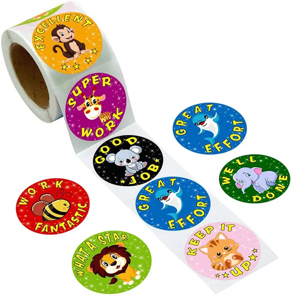 500pcs/roll Cartoon Aniamls Sticker Teacher Reward Stickers School Student Motivational Words For Adhesive Labels Deco Sticker