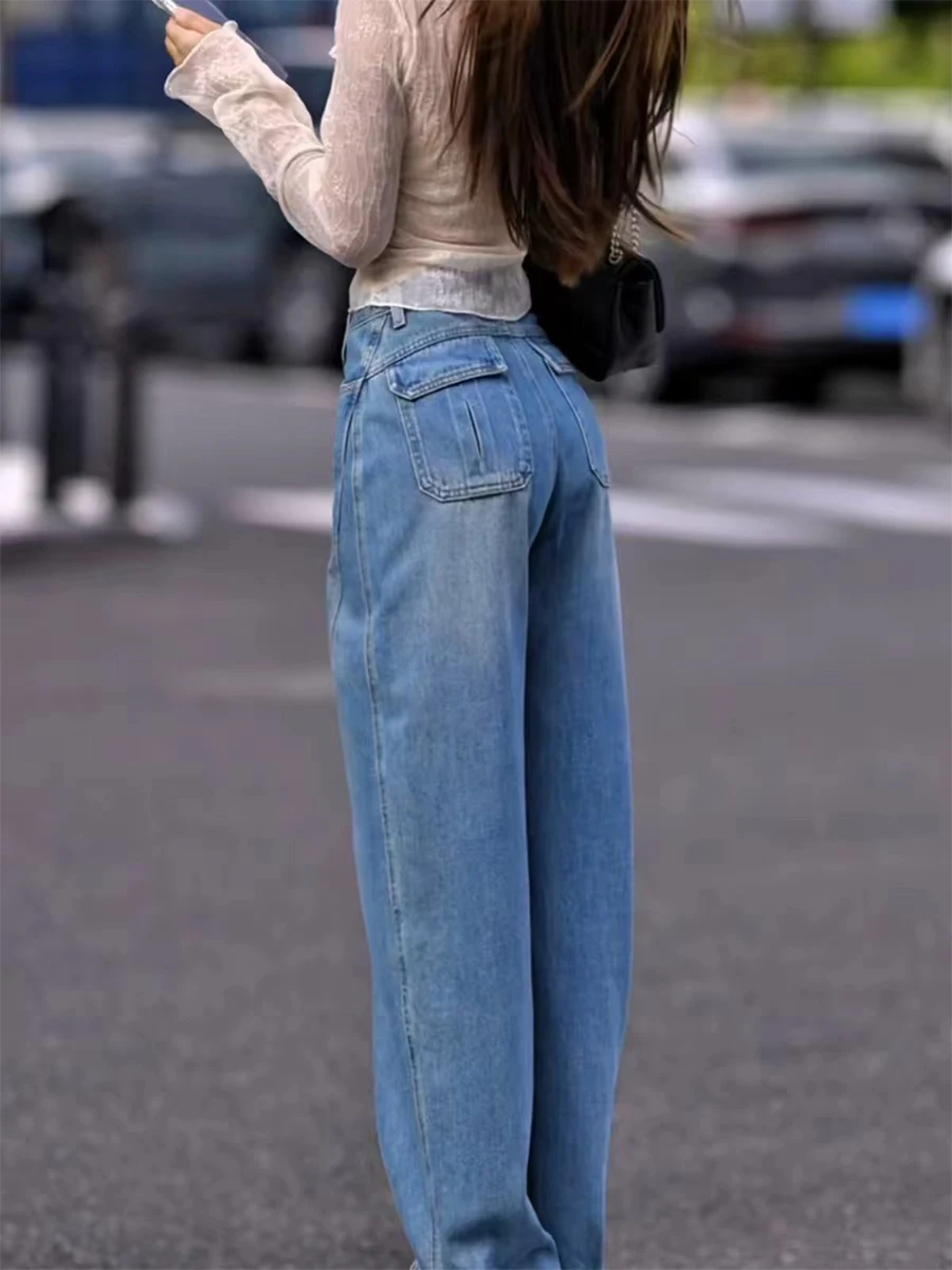 High Waist Straight Leg Blue Jeans Women's Spring Summer Loose Fit High Waist Slimming Wide Leg Pants for Pear Shaped Body