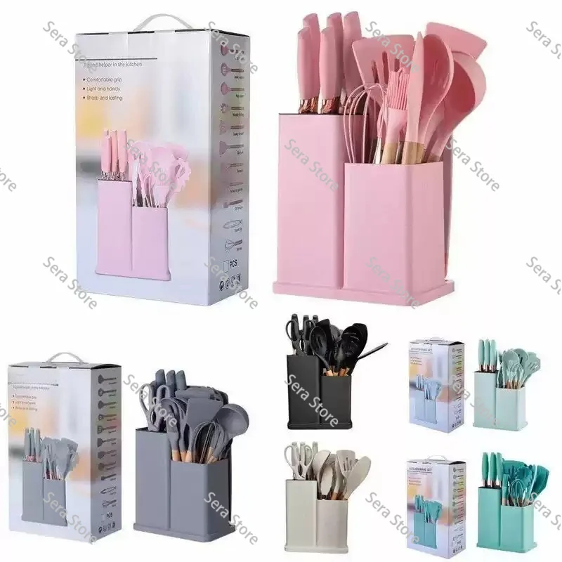 Silicone Kitchenware 19-piece Set Non-stick Pan Cooking Spatula with Storage Bucket Knife Combination Set