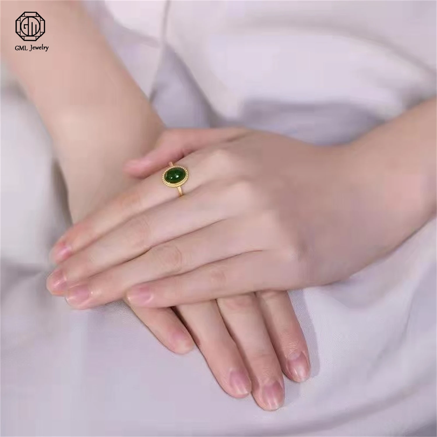 Natural Emerald Sugar Loaf Cabochon Open Adjustable Ring Vintage Fine Inlay Women Statement Exquisite Ethnic Style Jewelry Gift
