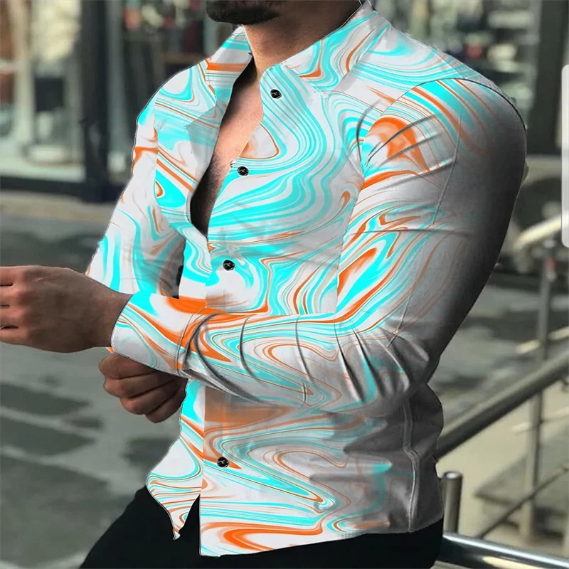 

Shirt Men Rainbow Flame Geometric Pattern Print Lapel Outdoor Street Long Sleeve Print Clothing Fashion Street Designer Casual