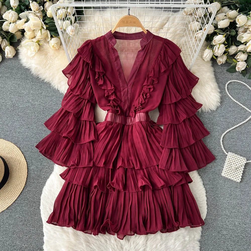 2023 Autumn/Winter New Mid Length Cake Skirt Multi Layered Short Skirt Ruffle Flare Sleeves Chiffon Dress