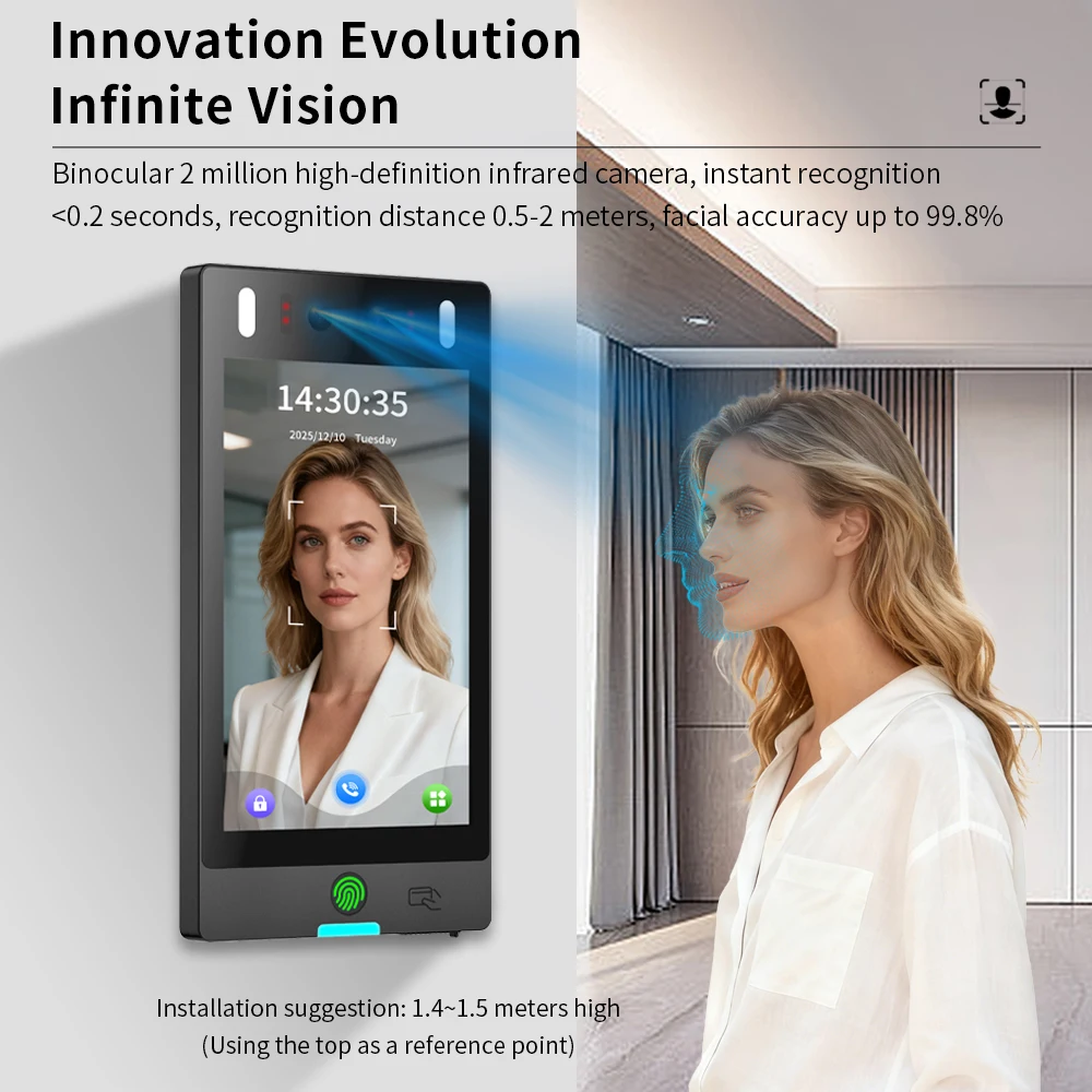 8 Inch Waterproof AI Dynamic Facial Biometric  Recognition Terminal for Office Employee Multilingual Attendance System RIFD Card