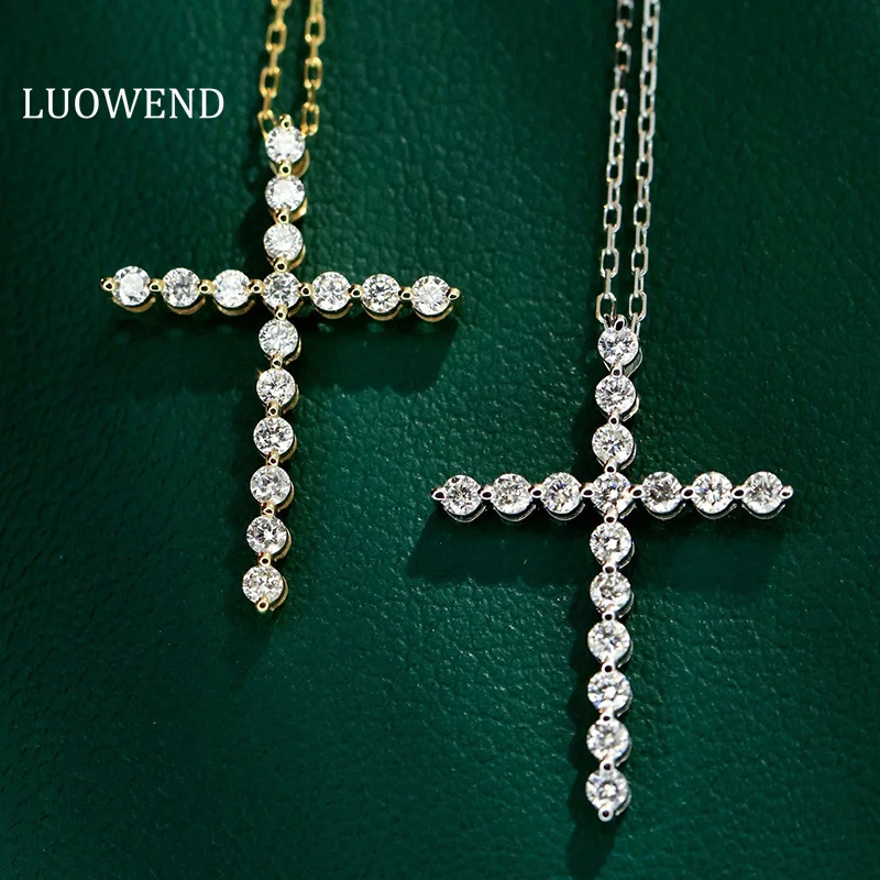 

LUOWEND 100% 18K White/Yellow Gold Necklace Fashion Cross Pendant Real Natural Diamond Necklace for Women High Party Jewelry