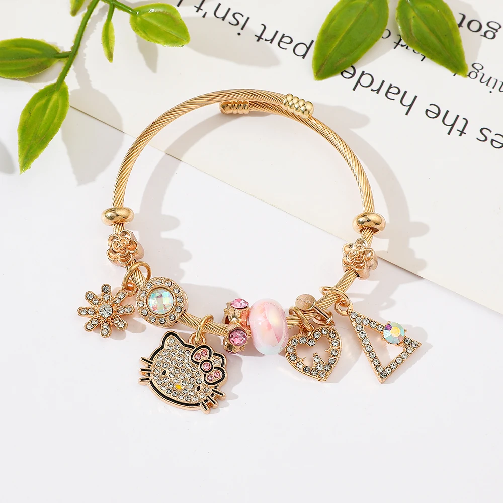 Sanrio anime dos desenhos animados hellokitty pulseira moda diy pingente incrustado moissanite acessórios popular kt gato coração pingente pulseira