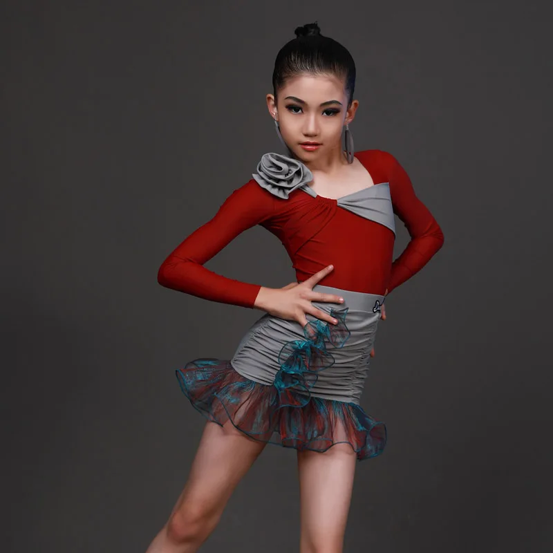 

Latin Dance Dress Kids Long Sleeve Practice Clothing Modern Ballroom Dance Competition Costume Rumba Tango Samba Outfits DWY8580