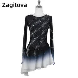Zagitova Figure Skating Dress Women Girls Ice Skating Skirt Performance Competition Diamond Black White Gradient Mesh Skirt