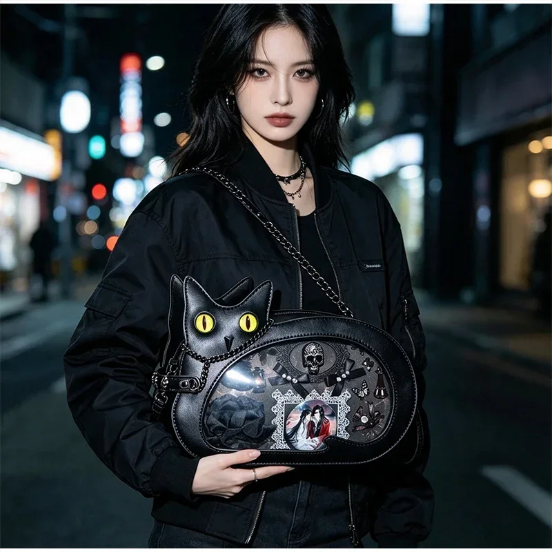 Gotische Schwarze Katzen-Ita-Tasche für Damen, Niedliche Umhängetasche mit Klarsichtfenster, Harajuku Mini-Schulter-Messenger-Tasche – Detail 8